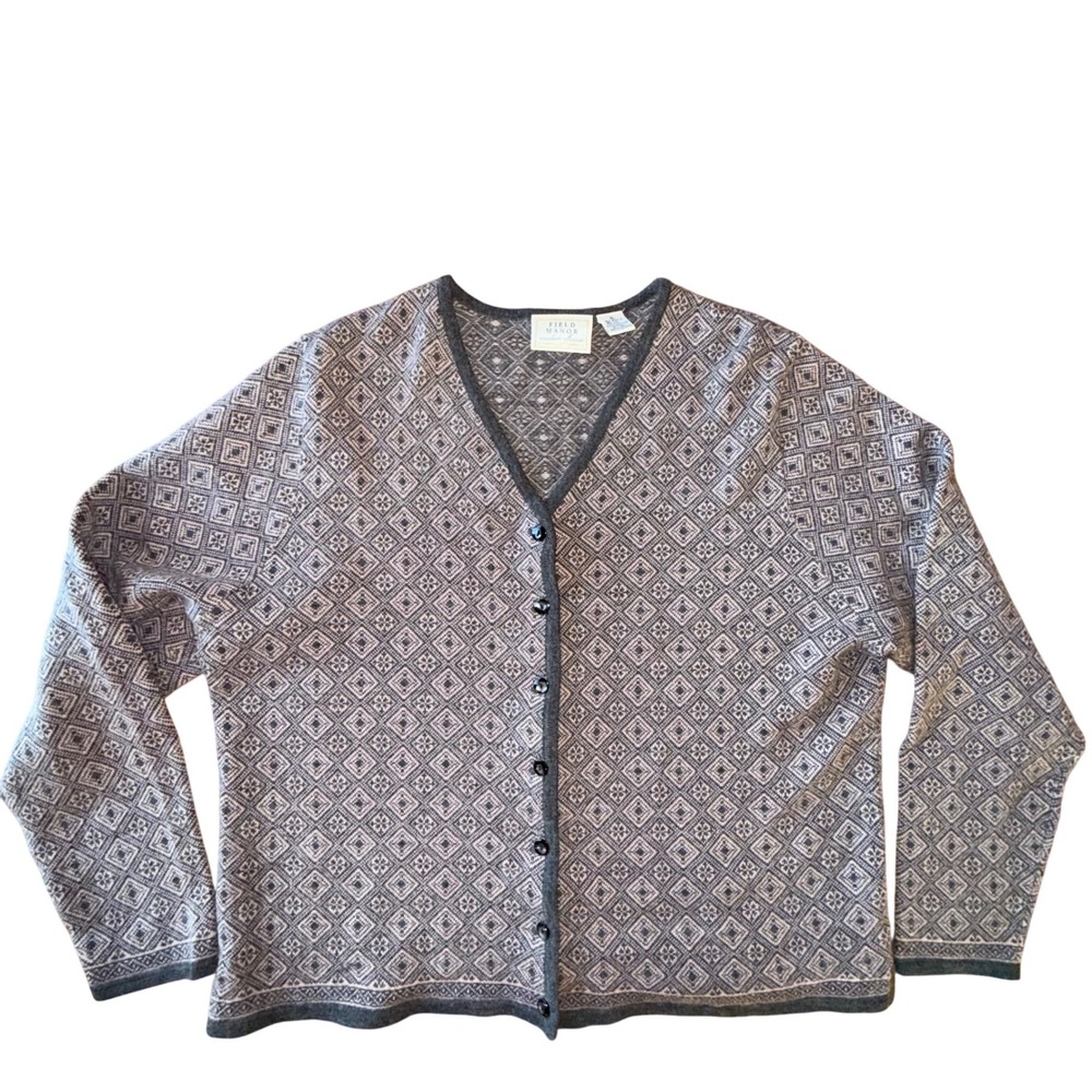 Field Manor Geometric Diamond Knit Cardigan Sweater Women's XL Wool Blend Button